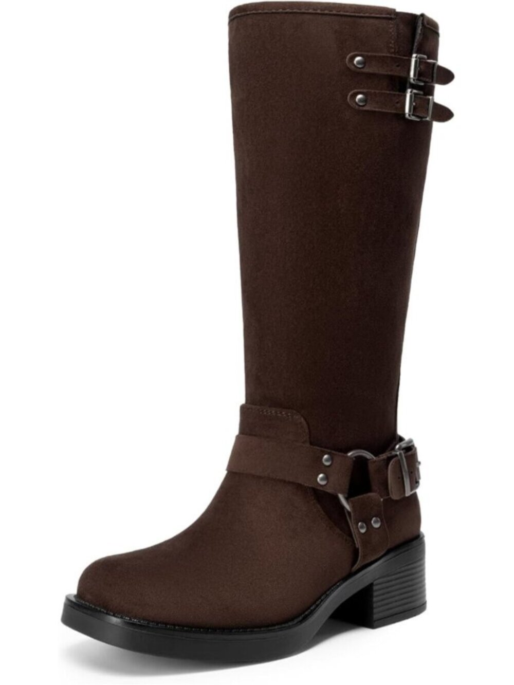 Women's Dark Brown Pu Round Toe Buckles Side Zipper Biker Chunky Knee High Boot